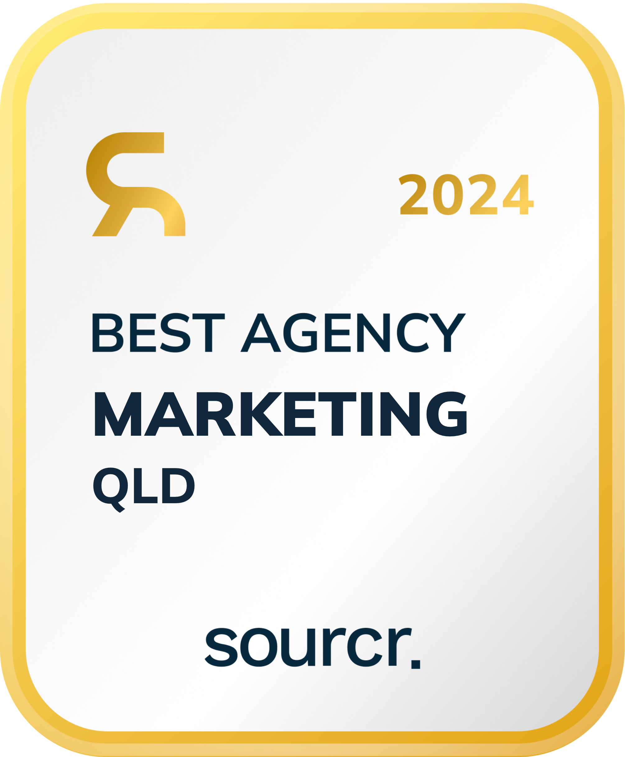 2024 Best Agency Marketing QLD badge with a gold border and sourcr. logo.